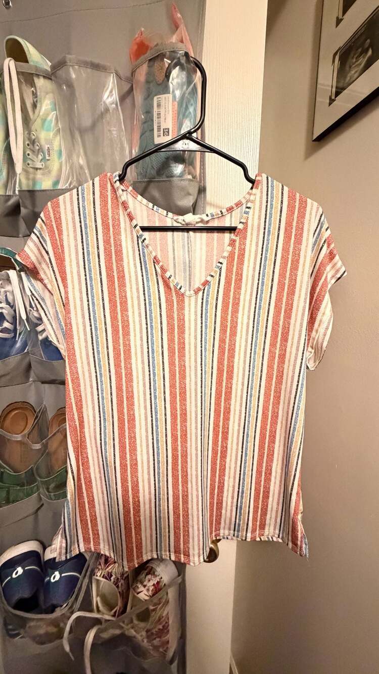Perception Concept Women's Short Sleeve V-Neck Striped Casual Top